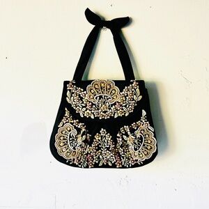 Vintage Elegant Black and Gold Embroidered & Beaded Bag